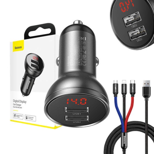 BASEUS Автомобильное зарядное устройство, мощный блок питания 24 Вт, 2 порта USB 4,8 А + кабель 3-в-1