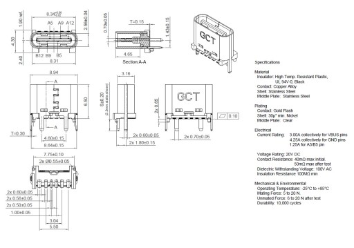 Gniazdo Złącze Pionowe USB-C USB C USB007