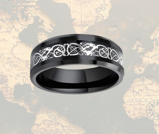 PIERŚCIEŃ SYGNET STAL CELTIC DRAGON CZARNY R22