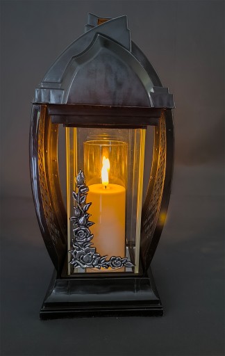 Unikatowy czarny znicz kapliczka lampion szklany ze srebrnym dekorem 33cm
