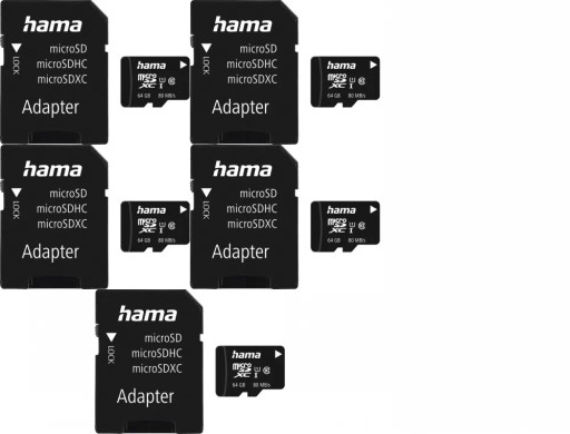 Карта памяти Hama microSDXC 64 ГБ + SD-адаптер 80 МБ/с, класс C10 x5