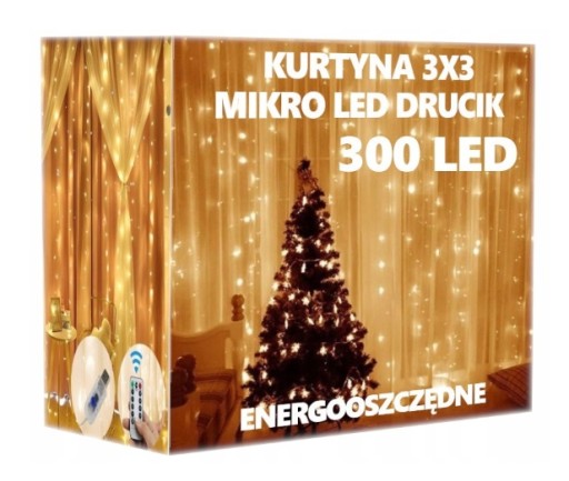 KURTYNA LED GIRLANDA 3X3 DRUCIK 300LED BIAŁA CIEPŁ