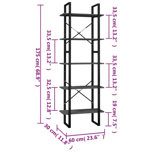 vidaXL 5-ярусный книжный шкаф Серый 60x30x175 см Сосна