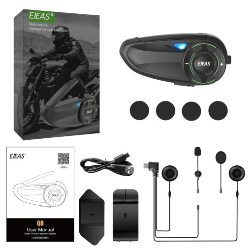 Domofon w kasku motocyklowym EJEAS Q8 obsługuje 6-osobowy interkom