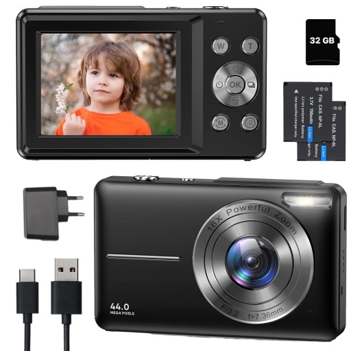 Цифровая камера HD 44 МП с 16-кратным цифровым зумом, встроенной заполняющей вспышкой и 2 батареями
