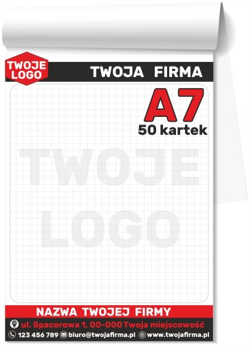 NOTESY klejone z nadrukiem A7 BLOCZKI reklamowe 50-kartkowe LOGO 50 sztuk