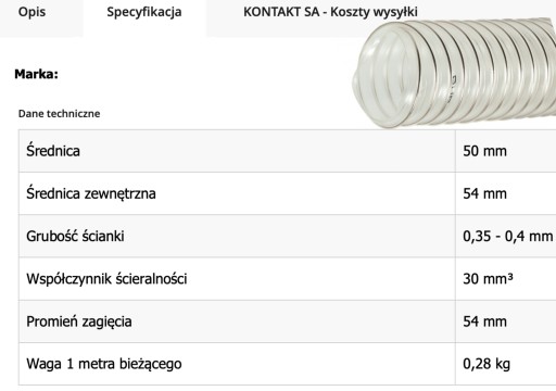 Wąż wentylacyjny wyciągowy do pyłów, trocin PU-PUR o średnicy 50mm 2metry
