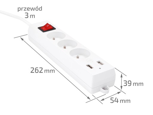 Przedłużacz listwowy listwa 3m 3x Gniazdo + 2x USB Biały