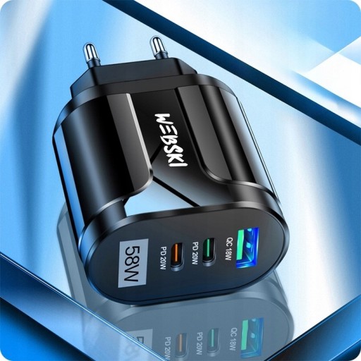 БЫСТРЫЙ БЛОК ПИТАНИЯ ПЕРЕМЕННОГО ТОКА 58 Вт 2xUSB-C PD 20 Вт + USB QC 3.0 18 Вт С КАБЕЛЕМ 5 В 1