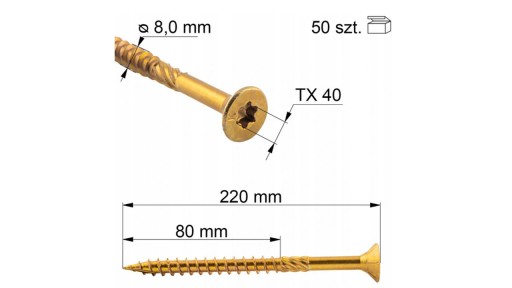 WKRĘTY CIESIELSKIE WKCP-08220 DO DREWNA TALERZOWE TORX 8x220
