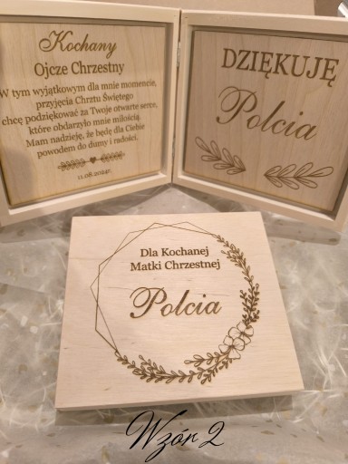 Drewniane personalizowane pudełko Podziękowanie dla chrzestnych 16,5x14,5