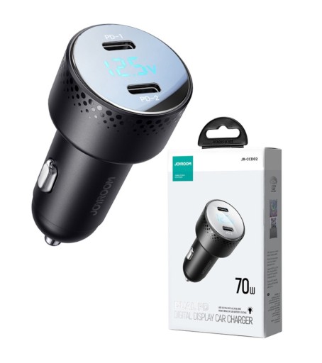 ŁADOWARKA SAMOCHODOWA JOYROOM 2x USB C 70W SZYBKA MOCNA WYŚWIETLACZ LED