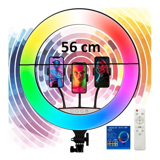 Большая светодиодная кольцевая лампа 56 см, 3 цвета белого + цветная RGB + пульт дистанционного управления + штатив