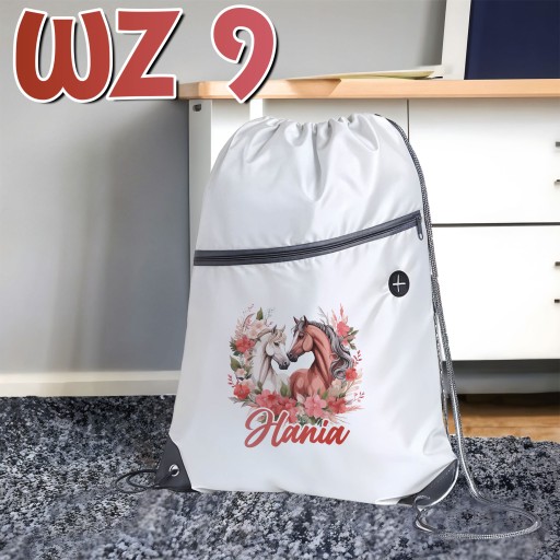 BIAŁY WOREK PLECAK SZKOLNY NA BUTY DO SZKOŁY PRZEDSZKOLA KOŃ KONIE KONIKI
