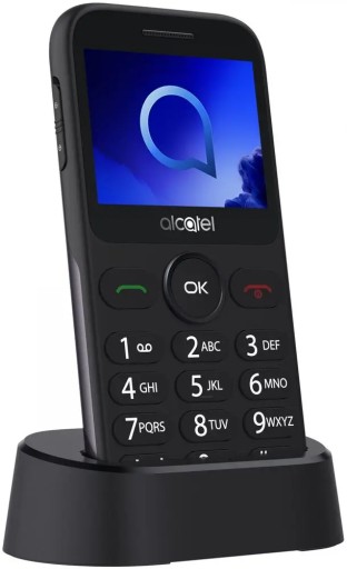 Серый телефон ALCATEL 2020X с зарядной базой для пожилых людей