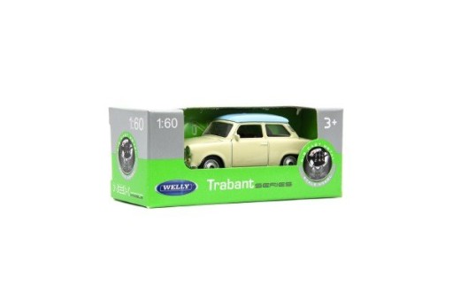 Металлическая модель автомобиля Welly «Трабант» в масштабе 1:60 — кремового цвета с синей крышей