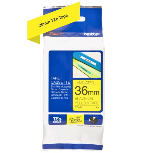 Taśma Brother laminowana 36mm x 8m czarny nadruk / na zółtym tle
