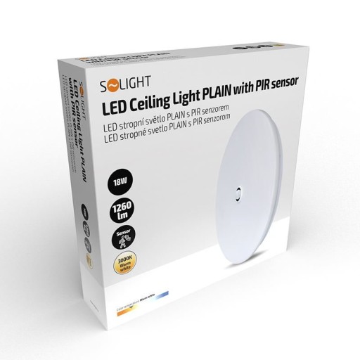 Потолочный светильник Solight LED PLAIN с PIR-датчиком, 18Вт, 1260лм, 3000К, круглый