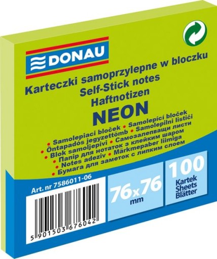 KARTECZKI SAMOPRZYLEPNE W BLOCZKU 76x76mm, 100 KARTEK, ZIELONE NEONOWE