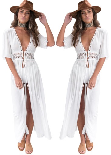 PLAŻOWA SUKIENKA MAXI DŁUGA TUNIKA BOHO KORONKA M