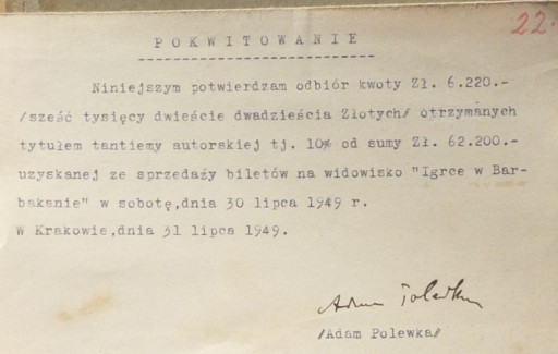 AUTOGRAF ADAM POLEWKA - POKWITOWANIE 1949