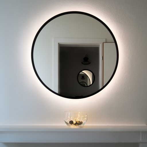 LUSTRO OKRĄGŁE W CZARNEJ RAMIE 70 cm, PODŚWIETLANE
