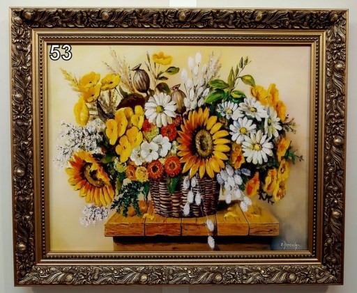 KWIATY 60X50 CM OBRAZ W ZŁOTEJ RAMIE