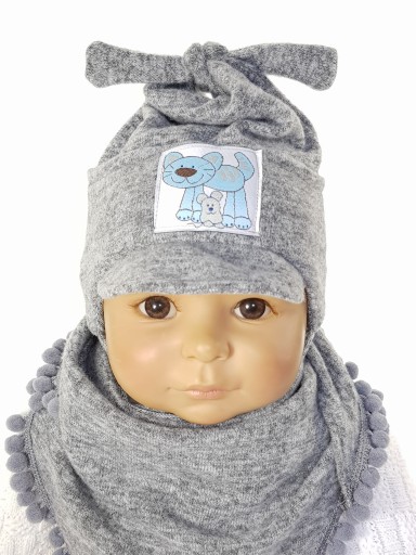 KOMPLET NIEMOWLĘCY CHŁOPIĘCA CZAPKA WIĄZANA DASZEK + CHUSTKA 3-12 M-CA