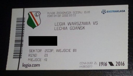 Bilet Legia Warszawa - Lechia Gdańsk 02.04.2016