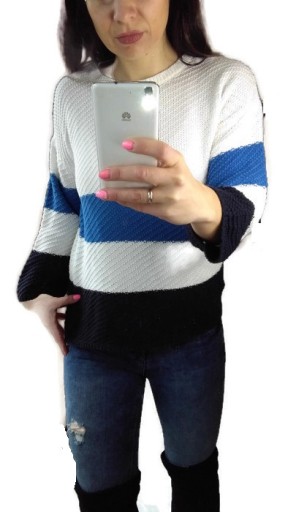 ZARA KNIT SWETER LUŹNY PASKI BIAŁY NIEBIESKI M 38