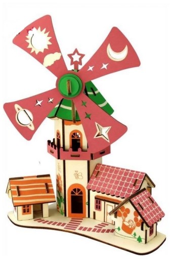 DOMEK DREWNIANY PUZZLE 3D WIATRAK DZIECIĘCY