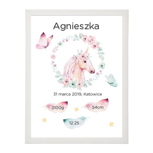 Obrazki, plakaty, Jednorożec, ramka, metryczka A4