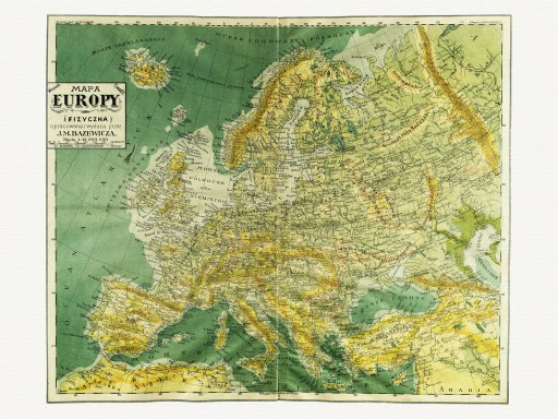 EUROPA mapa fizyczna BAZEWICZ 1921 r.