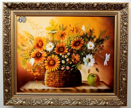 KWIATY 60X50 CM OBRAZ W ZŁOTEJ RAMIE