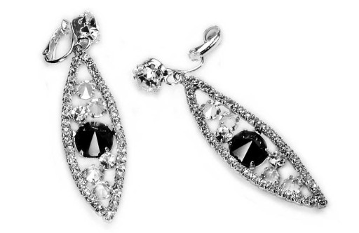 Długie Klipsy Srebrne Czarne Kryształy Swarovski