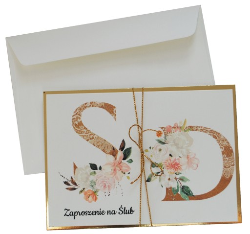 złote ZAPROSZENIA ŚLUBNE GLAMOUR KWIATY + KOPERTA