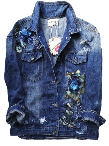 #A0933 dłuższa Kurtka damska jeans wiosenna przejsciowa lużna Kwiaty S/M