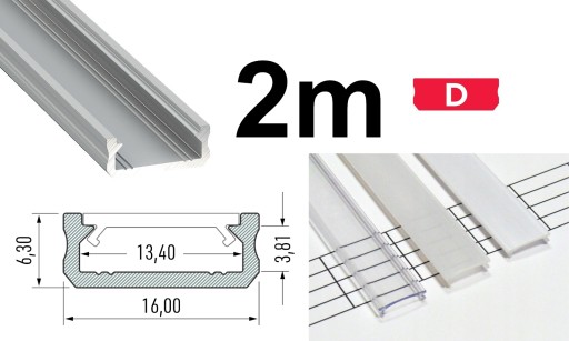 PROFIL ALUMINIOWY LED PŁASKI D 2m SREBRNY z KLOSZ