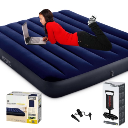 Materac dmuchany welurowy 2 osobowy INTEX dwuosobowy + POMPKA 203x152x25