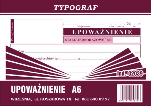DRUK 02039 UPOWAŻNIENIE A6 TYPOGRAF OFFSET