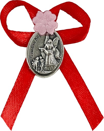 CZERWONA KOKARDKA DO WÓZKA ŁÓŻECZKA MEDALIK ANIOŁ STRÓŻ DZIEWCZYNKA