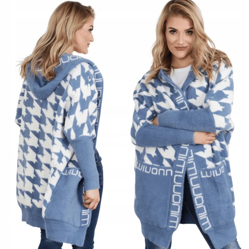 ALPAKA DAMSKA PŁASZCZ KURTKA SWETER CIEPŁA DŁUGA KAPTUR WYGODNA JEANS 2091