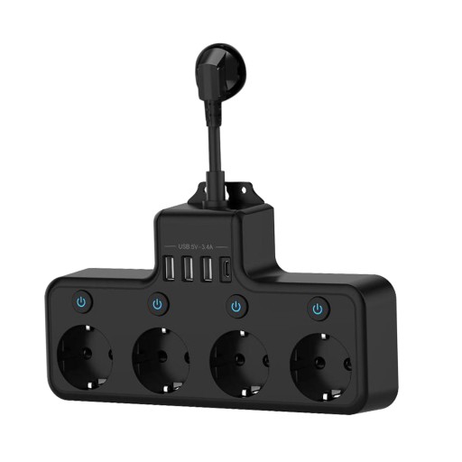 EU Plug Power Strip with 3 USB Ports Fast Charging 4 Outlets Black