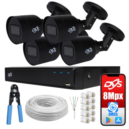 ZESTAW MONITORINGU 4 KAMERY IP CZARNE 8Mpx 4K PoE