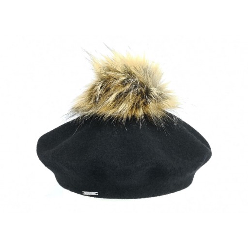 Beret damski z pomponem EVITA czarny 100% wełna