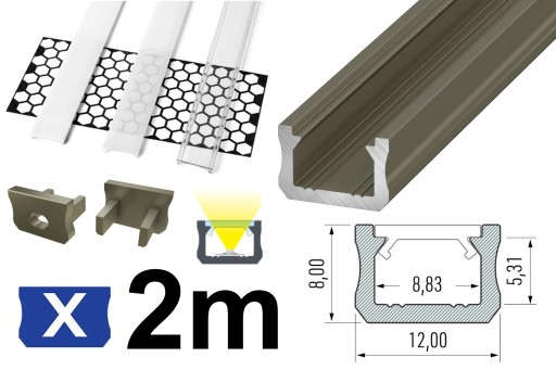 PROFIL DO TAŚM LED WĄSKI 12mm X BRĄZOWY 2M KOMPLET