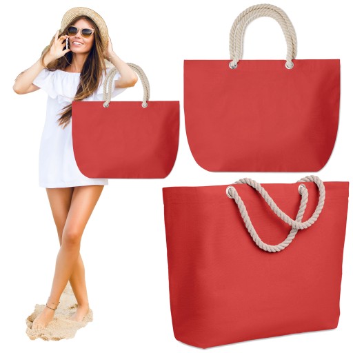 TORBA PLAŻOWA BAWEŁNIANA 220G Duża ze sznurkami CZERWONA 55x15x39cm