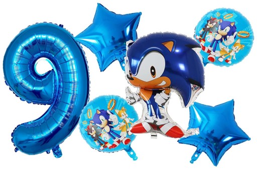 6 BALONÓW BALON FOLIOWY cyfra 9 dziewięć lat dziewiąte URODZINY SONIC 69 cm