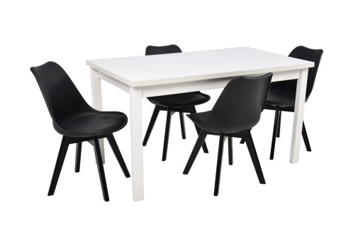 Komplet 4 czarnych krzeseł i biały stół 80x140/180