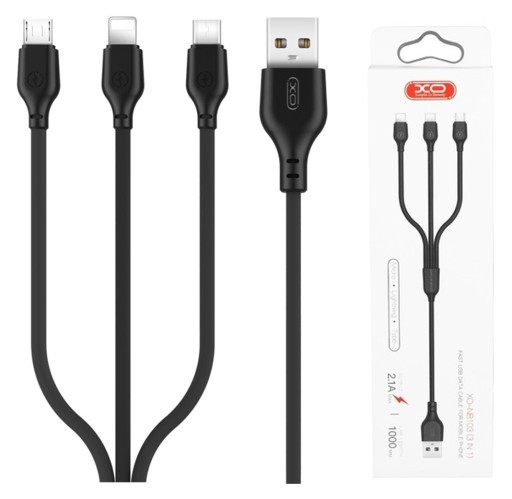 Kabel 3w1 USB-Lightning + USB-C + microUSB 1m 2,1A